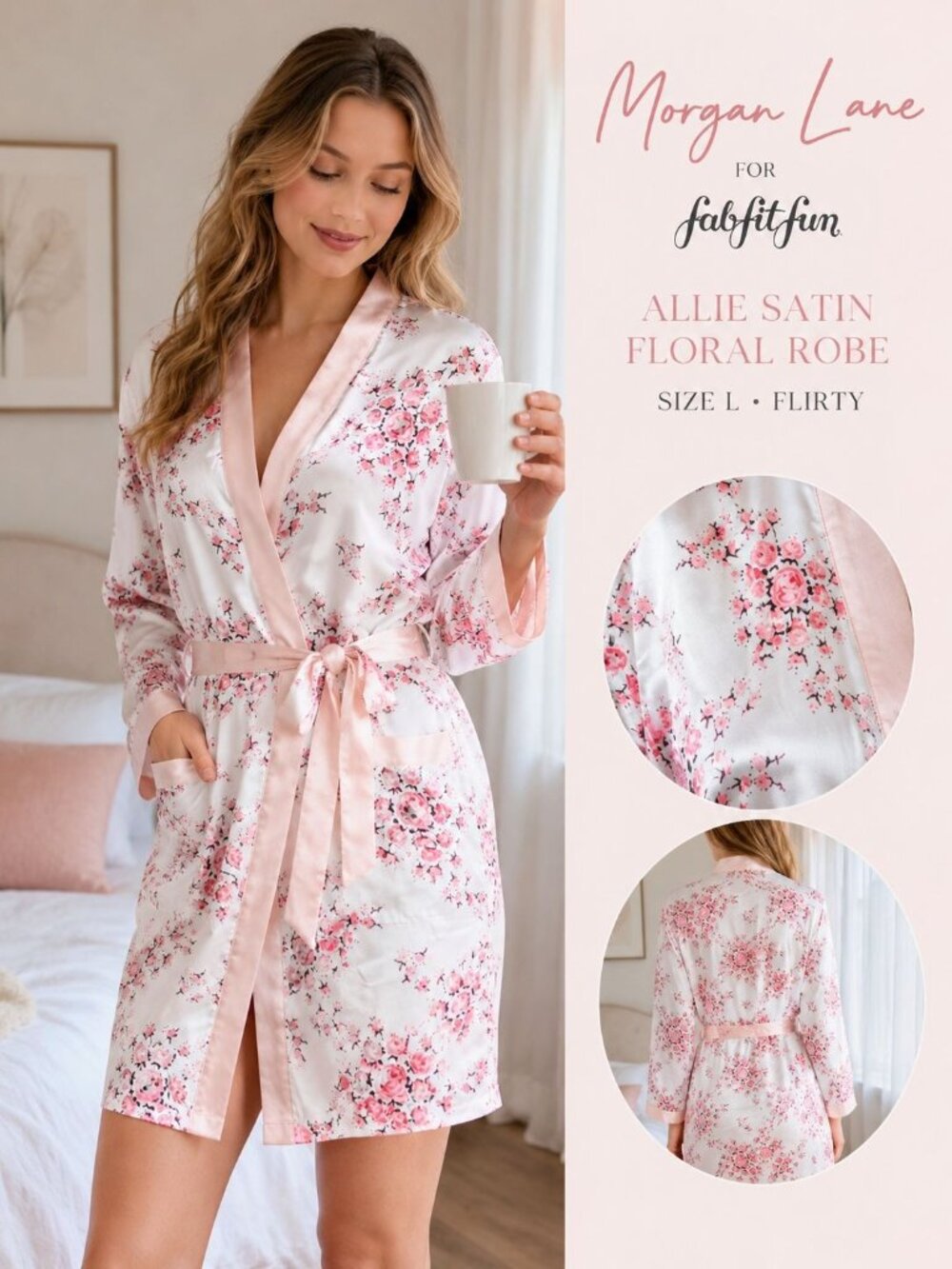 Morgan Lane for FabFitFun Allie satin floral robe in white pink Size L Flirty